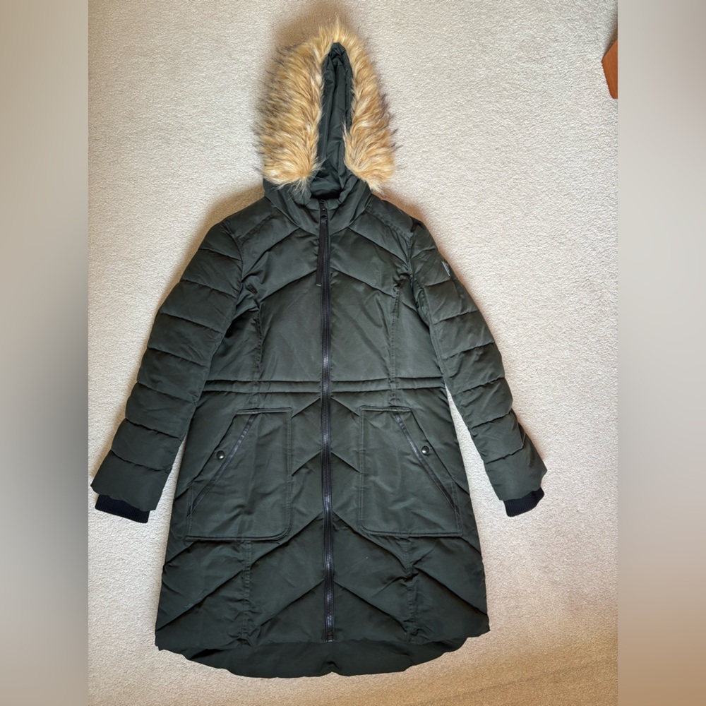 Guess Olive Puffer Jacket with Faux Fur Trim